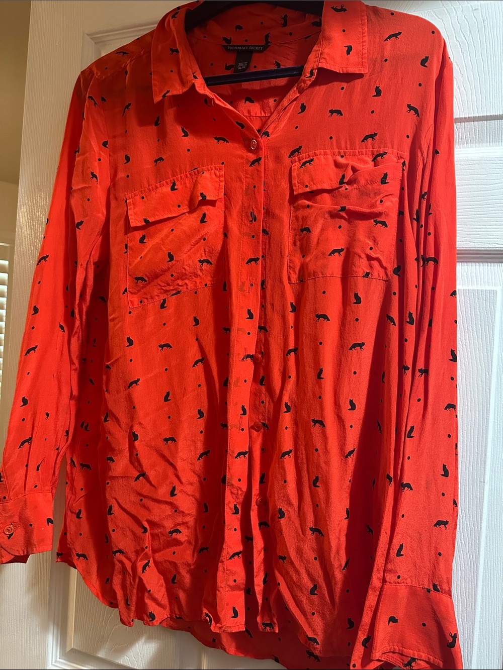 Victoria's Secret Red Button-Up Shirt with Black Cat Print